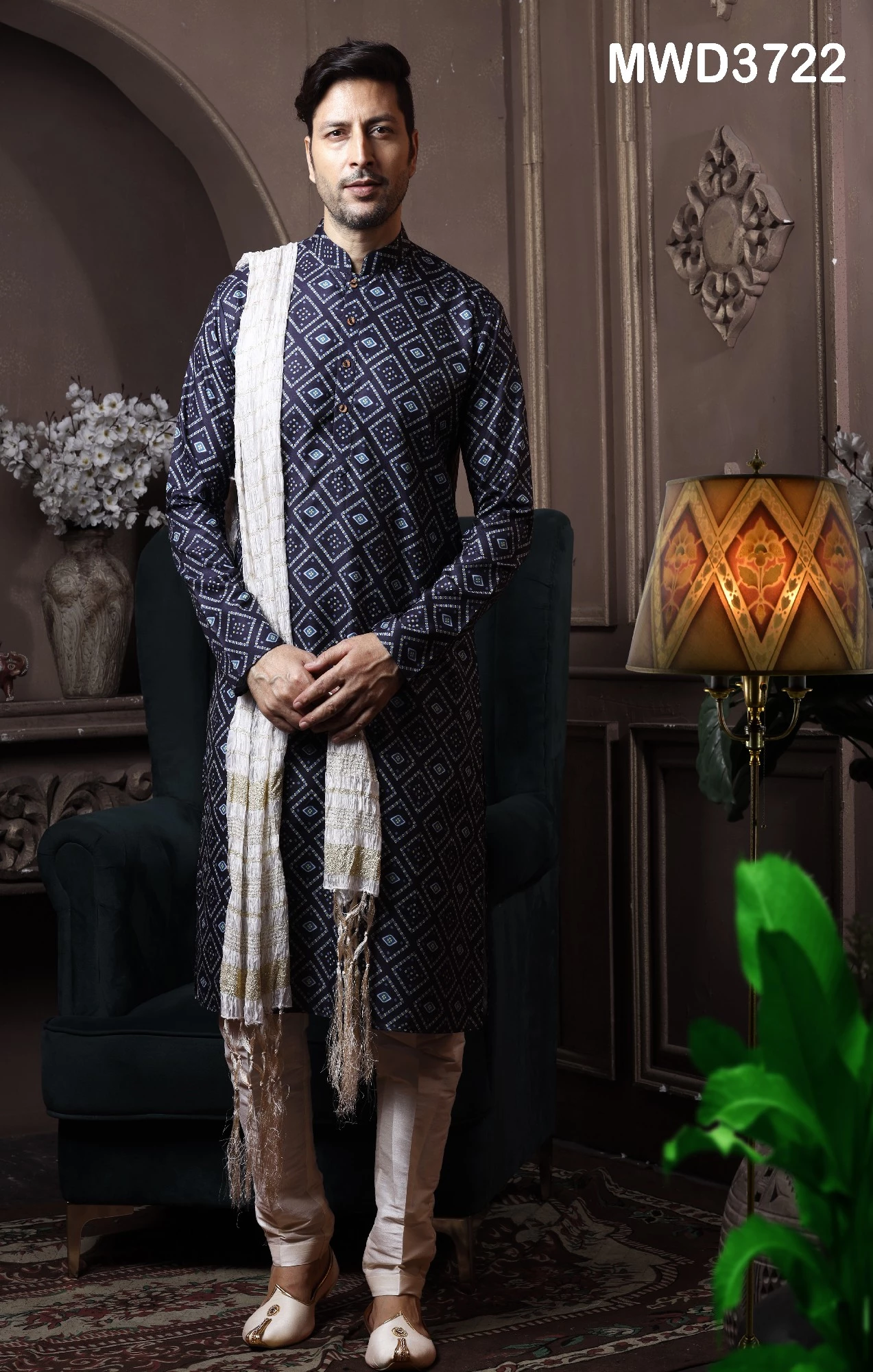 Readymade Navy Blue Printed Kurta With Pant, 36-1.webp